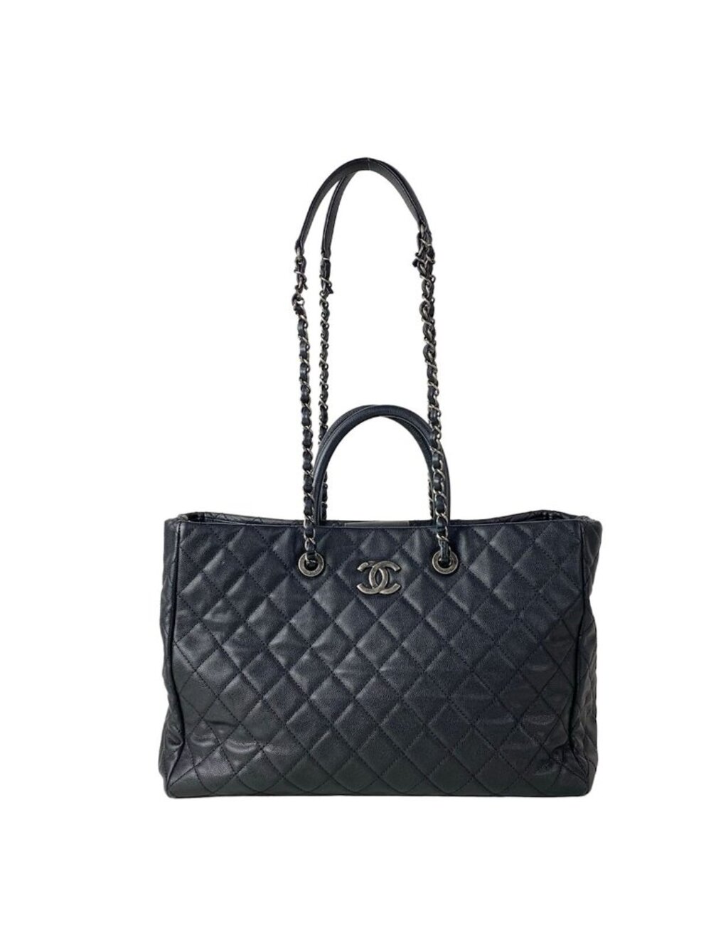 Chanel Tote Bag Quilted Black Vintage Silver Chain